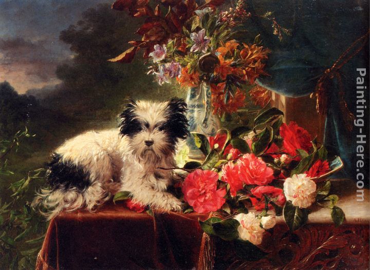Camellias And A Terrier On A Console painting - Adriana-Johanna Haanen Camellias And A Terrier On A Console art painting